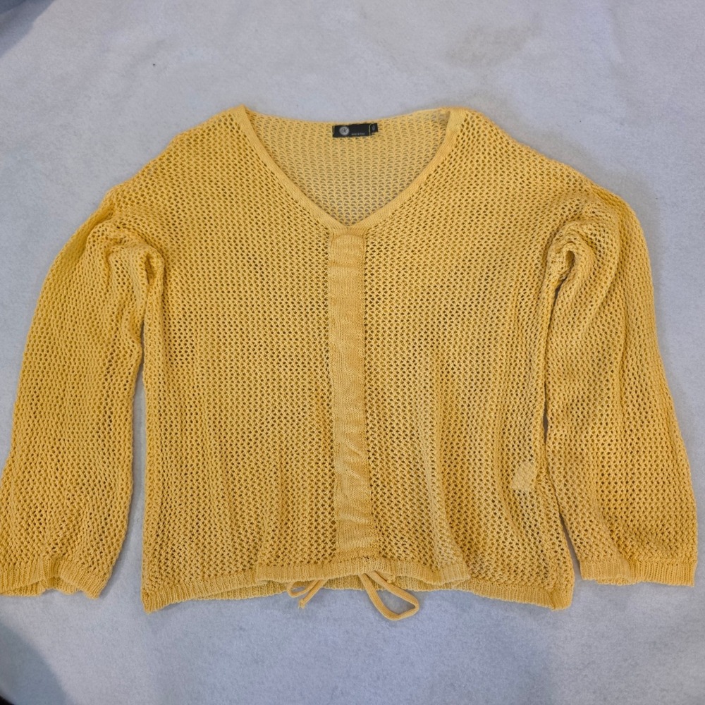 Made in Italy Oversized‎ Yellow Open Knit Cotton Sweater Womens XS Boho Relaxed